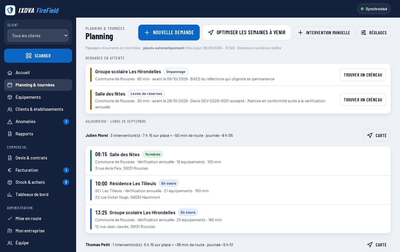 Planning des tournées dans l’application